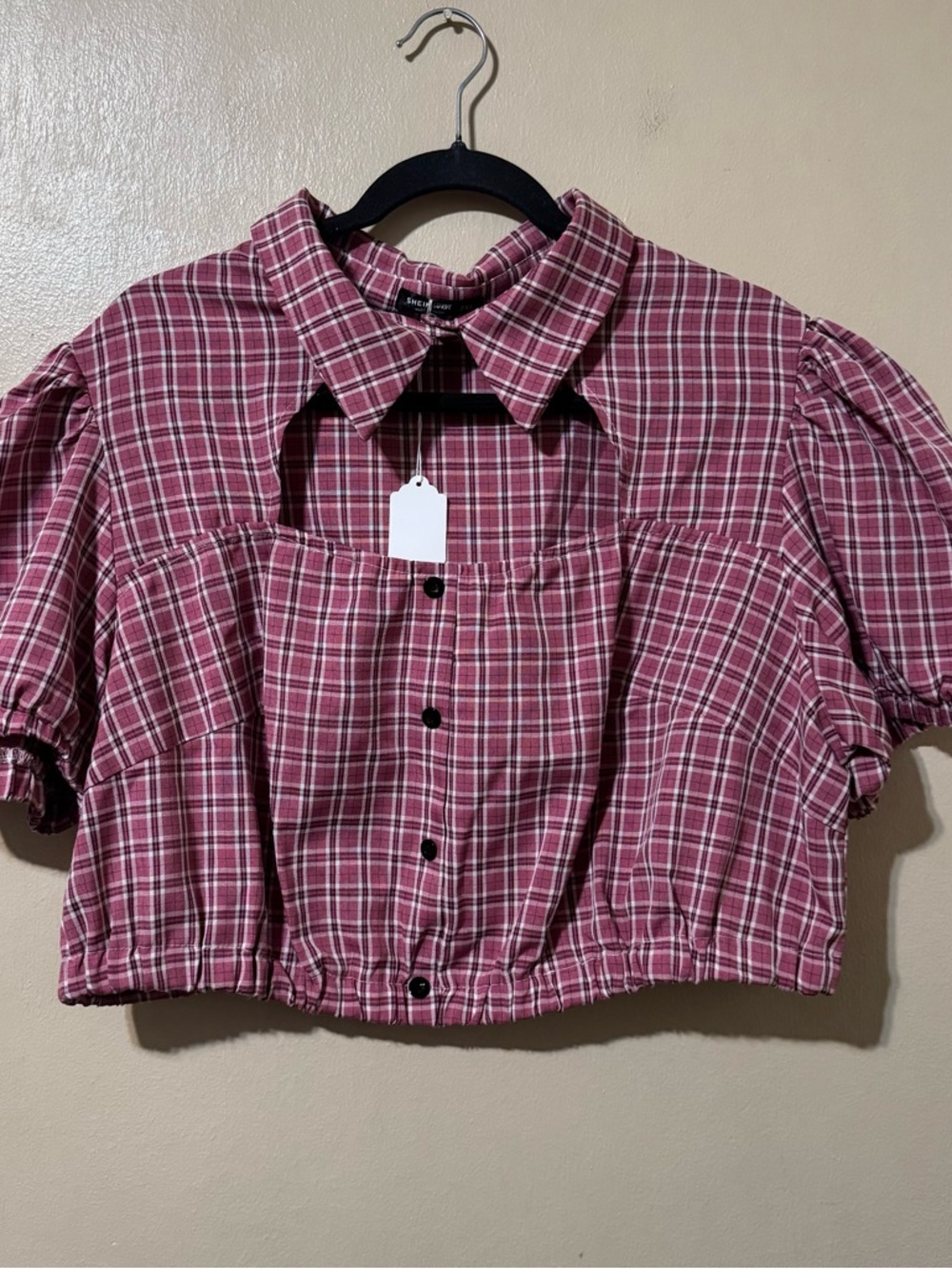 SHEIN Pink Plaid Cropped Button-Up Blouse with Cut Out Neckline